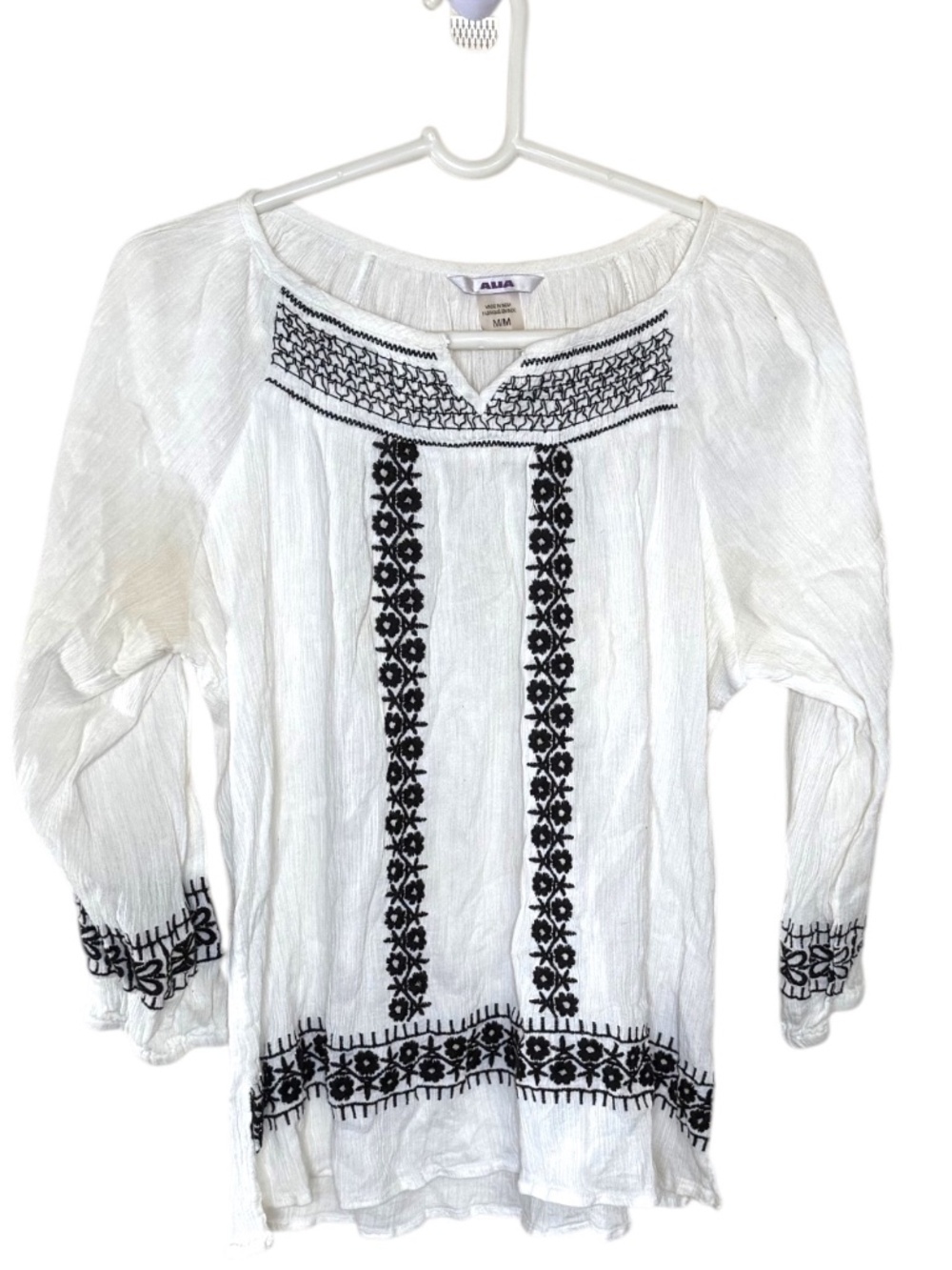 Alia White Black Embroidered Boho Peasant Blouse 100% Cotton Medium M